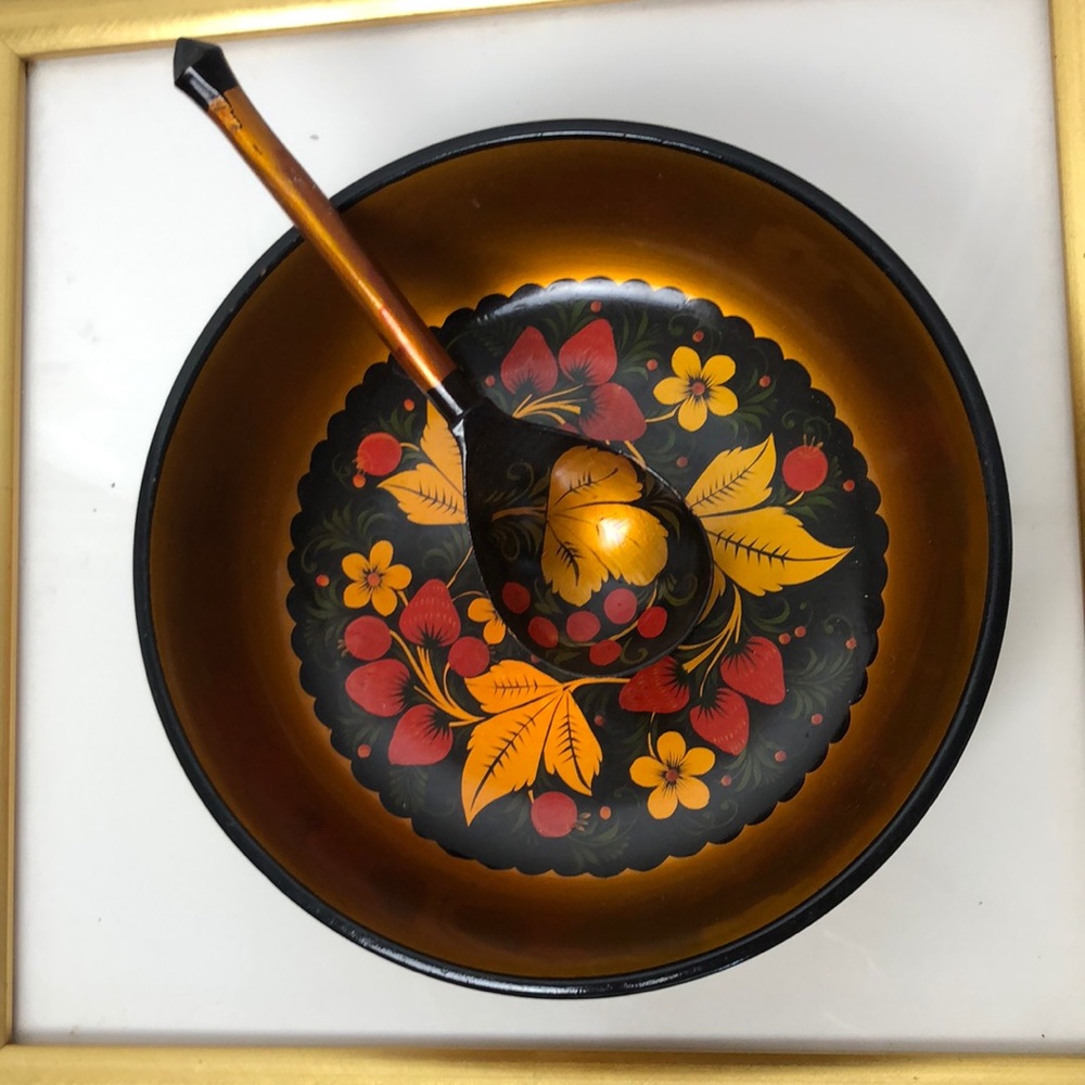 Rare Russian Handpainted wooden bowl and spoon